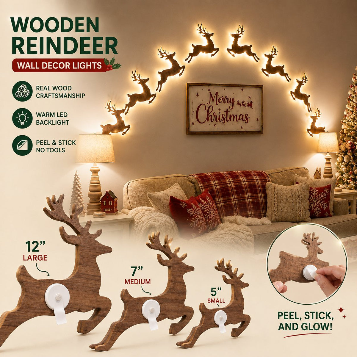 🎄 3D-upplyst trären för juldekoration (12-pack)🦌 Varm bakgrundsbelyst Peel & Stick-entréglöd ✨