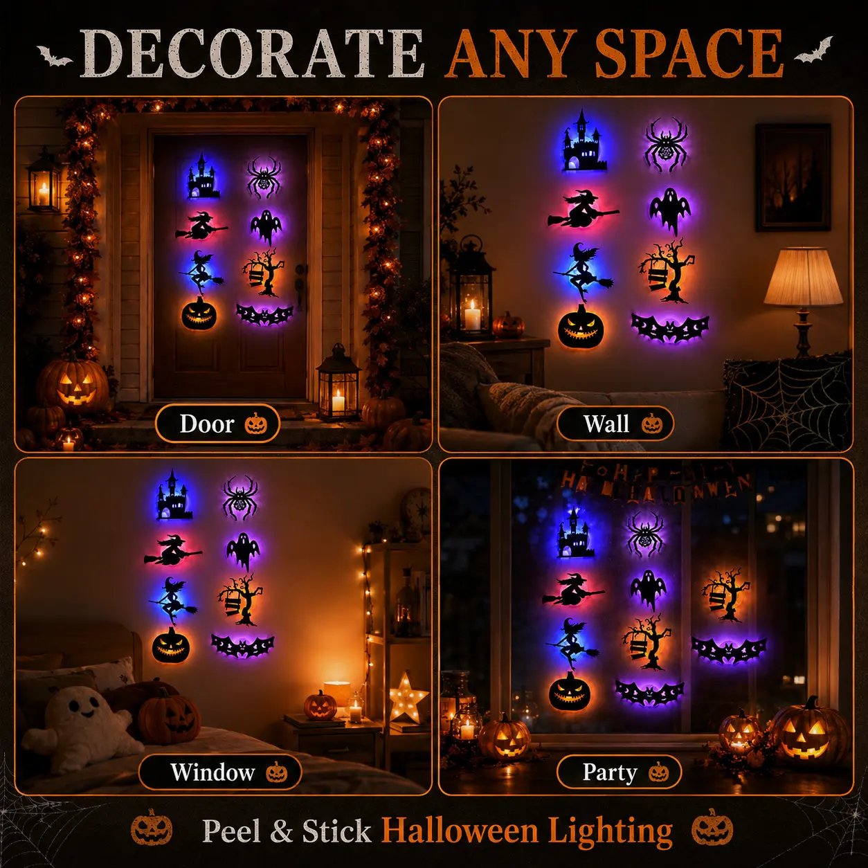 🔥SISTA DAGEN 49% RABATT | Hyresvänliga självhäftande Halloween LED-fönsterlampor, ingen borrning, inga rester, 8 kusliga silhuettdesigner