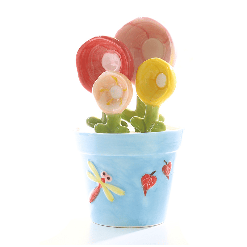 4-pack söta keramiska mätskedar med blommotiv och bas