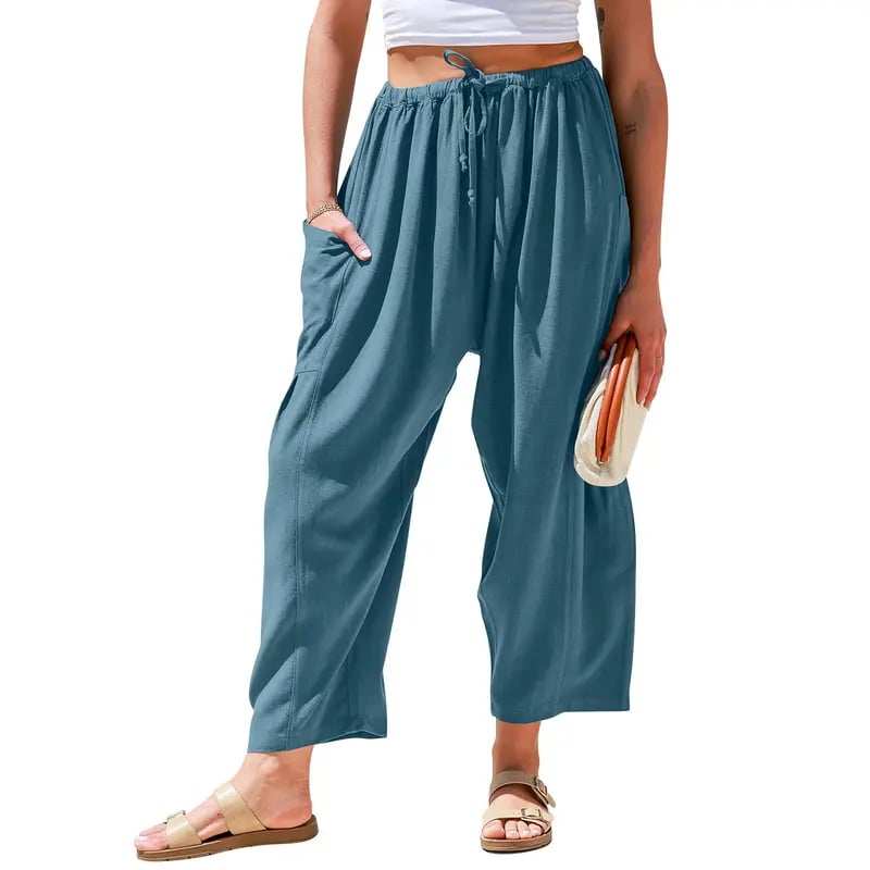 Womens Linen Wide Leg Pants Casual Loose Fit Beach Palazzo Harem Pants with Pockets Spring Summer Style