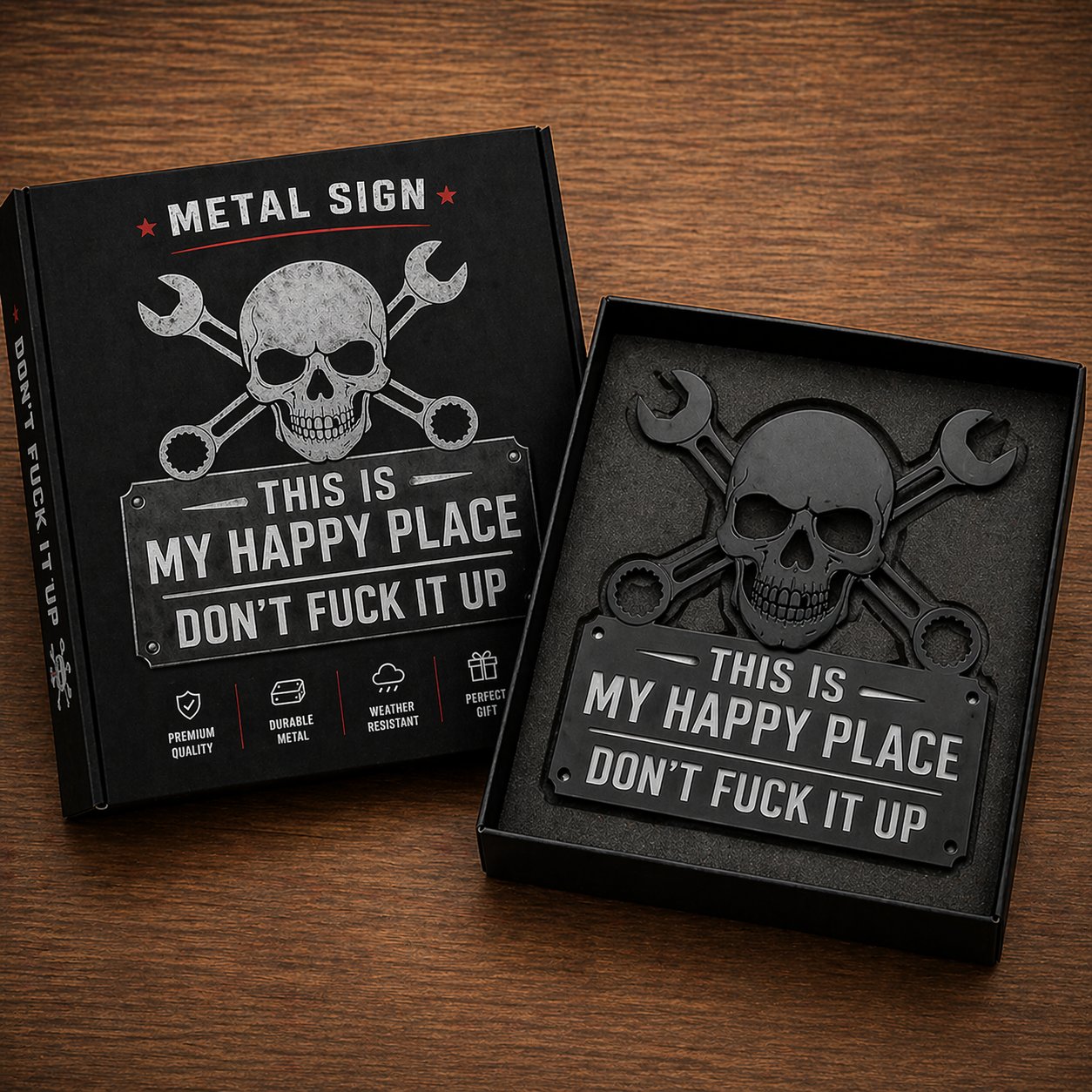 💀🛠️ Väggkonstskylt i metall med texten "This Is My Happy Place"🔥