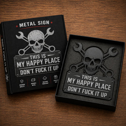 💀🛠️ Väggkonstskylt i metall med texten "This Is My Happy Place"🔥