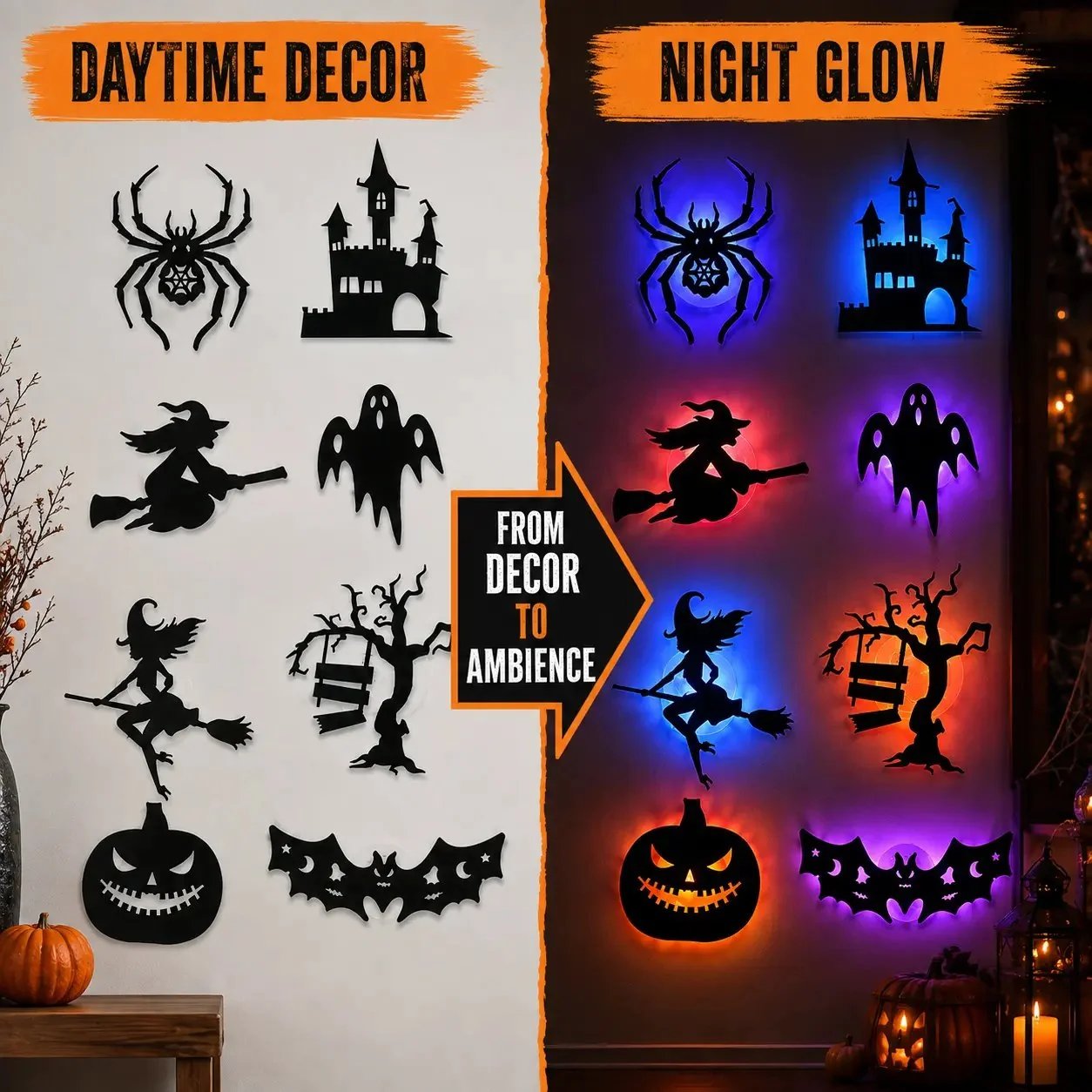 🔥SISTA DAGEN 49% RABATT | Hyresvänliga självhäftande Halloween LED-fönsterlampor, ingen borrning, inga rester, 8 kusliga silhuettdesigner
