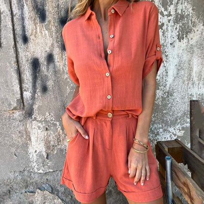 kortärmad shorts i bomull och linne för kvinnor Casual kostym🌬️