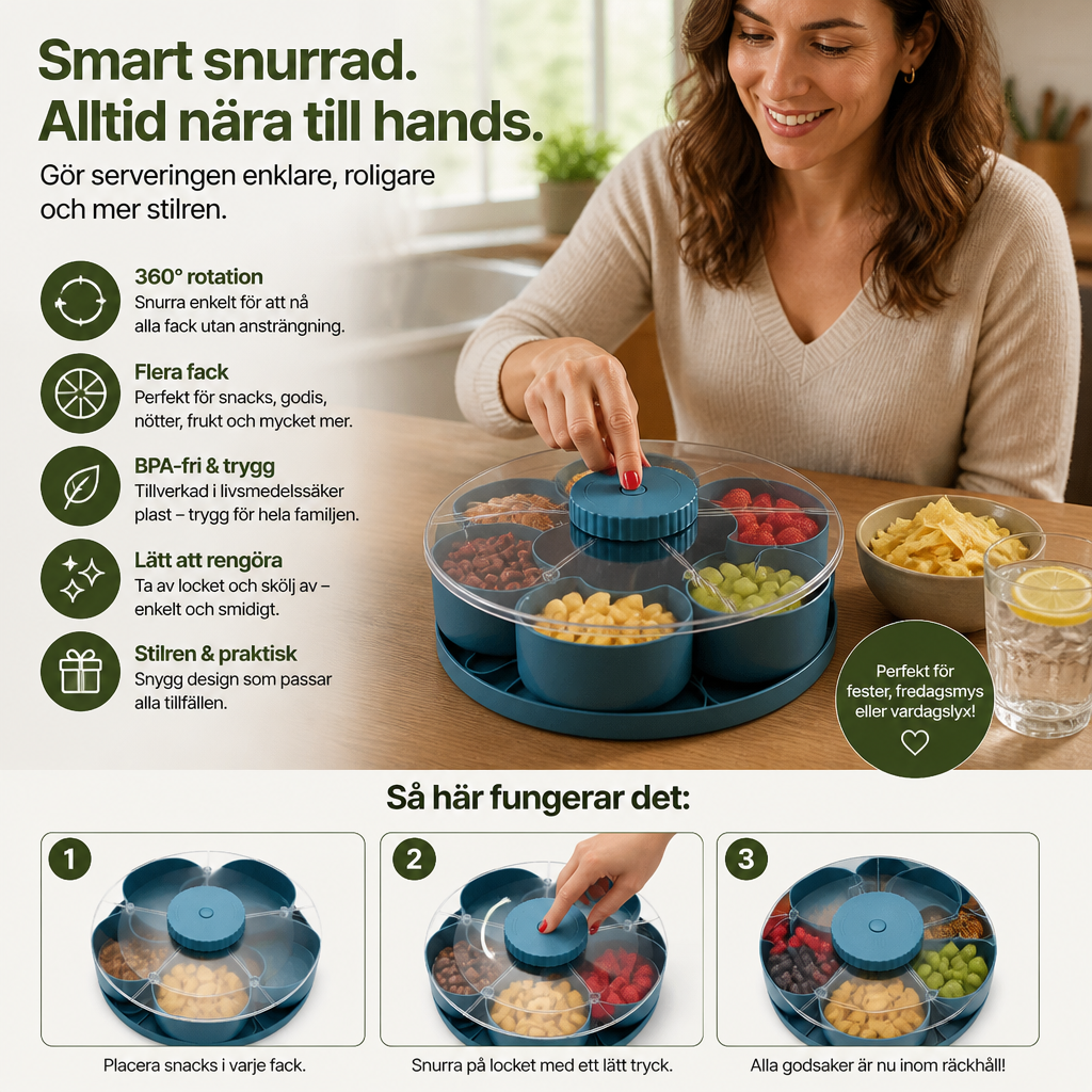 Roterande Snackbricka med Fack – Snurrande Serveringsfat för Snacks och Godis