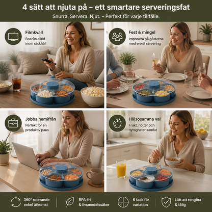 Roterande Snackbricka med Fack – Snurrande Serveringsfat för Snacks och Godis