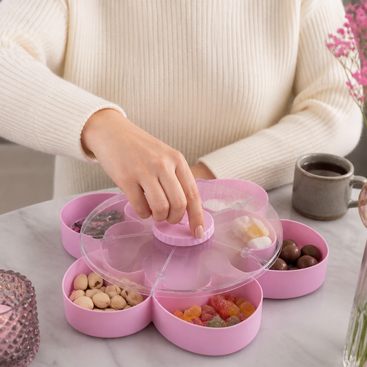 Roterande Snackbricka med Fack – Snurrande Serveringsfat för Snacks och Godis
