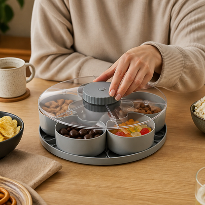 Roterande Snackbricka med Fack – Snurrande Serveringsfat för Snacks och Godis