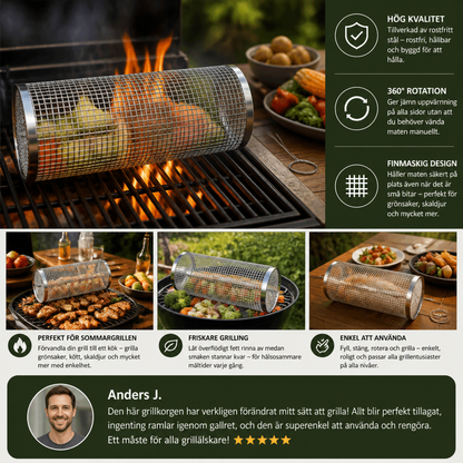 Praktisk Grillkorg i Rostfritt Stål – Rotationsbar BBQ-Grillkorg för Utomhusgrillning