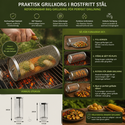 Praktisk Grillkorg i Rostfritt Stål – Rotationsbar BBQ-Grillkorg för Utomhusgrillning