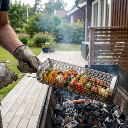 Praktisk Grillkorg i Rostfritt Stål – Rotationsbar BBQ-Grillkorg för Utomhusgrillning