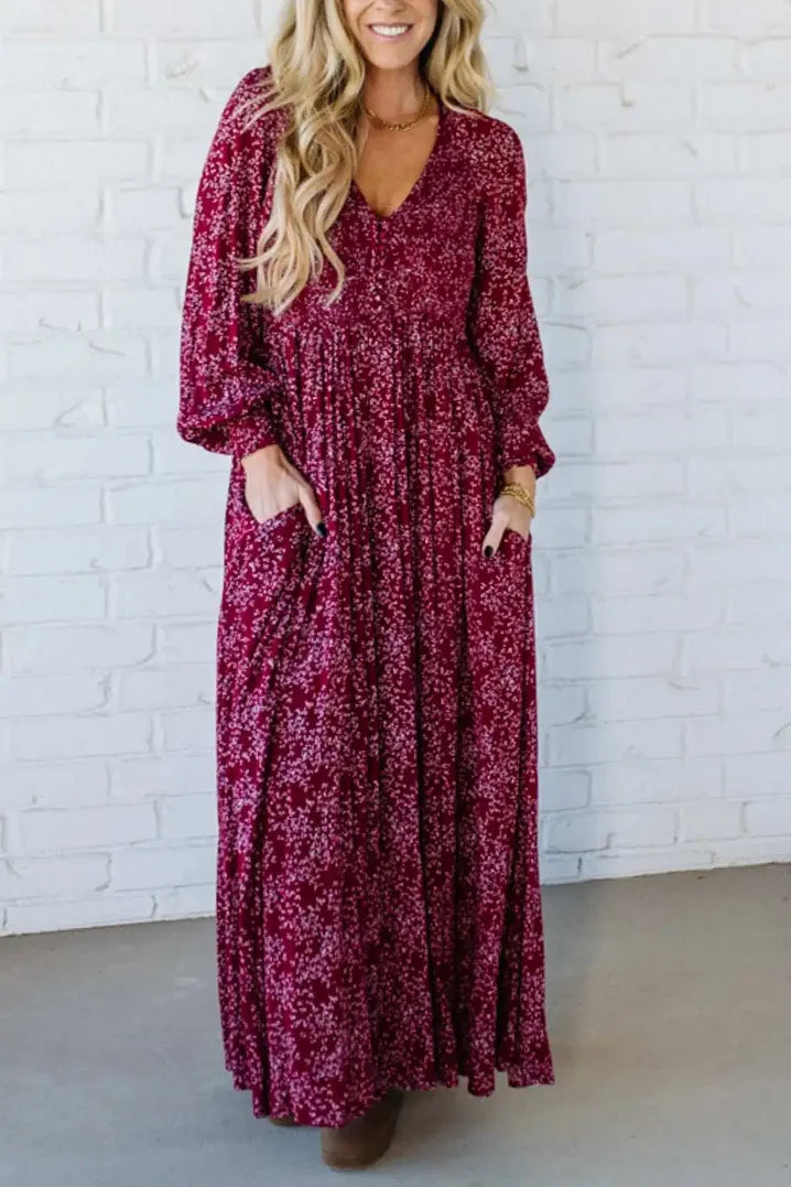 💃Maxiklänning för damer i rayon med blommönster, smockad midja och foder