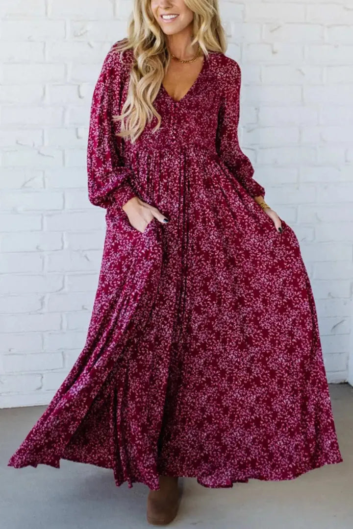 💃Maxiklänning för damer i rayon med blommönster, smockad midja och foder