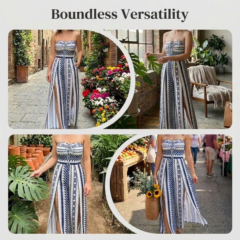 👗 50% RABATT NU! 💥 Geometrisk jumpsuit med halterneck och sidosprund – Unikt tryck och resår baktill – Mångsidig, perfekt för sommarfester eller resortkläder ✨