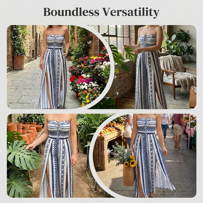 👗 50% RABATT NU! 💥 Geometrisk jumpsuit med halterneck och sidosprund – Unikt tryck och resår baktill – Mångsidig, perfekt för sommarfester eller resortkläder ✨