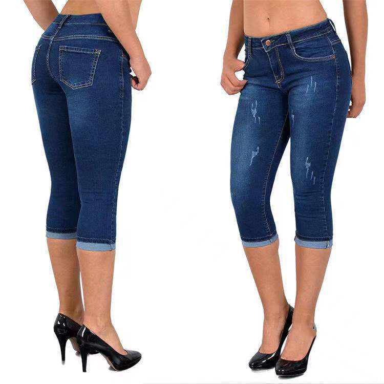 ✅ "2 ST = FRAKTFRIET" Slitna capris-jeans med upprullad fåll