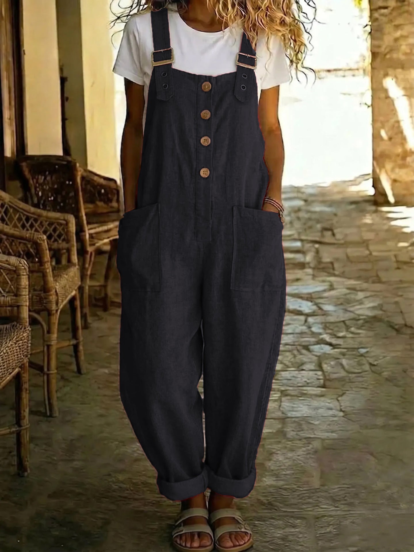 🌿Sommarrea - 50% RABATT!👖Damoveraller med knappar framtill, avslappnad passform