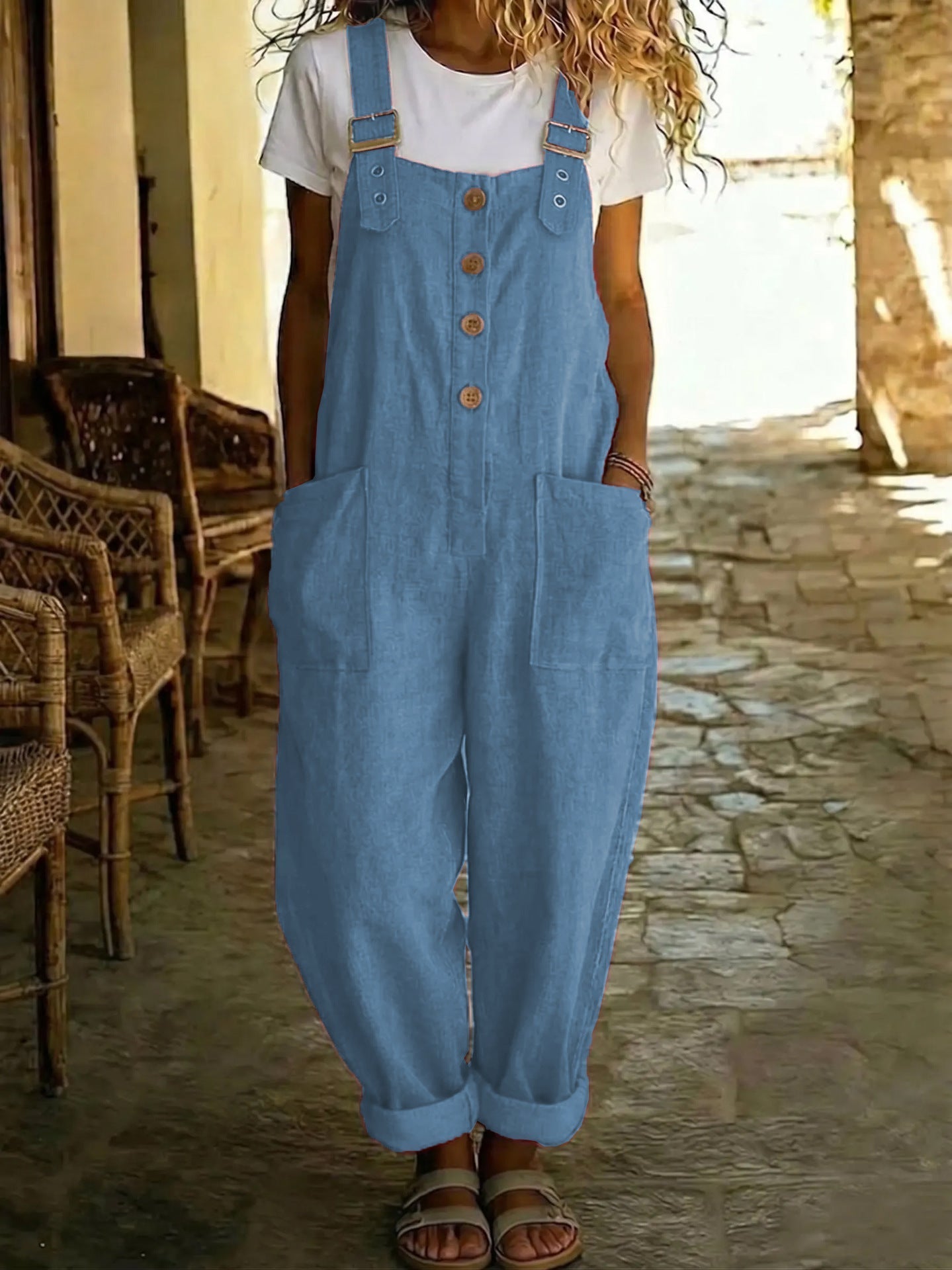 🌿Sommarrea - 50% RABATT!👖Damoveraller med knappar framtill, avslappnad passform
