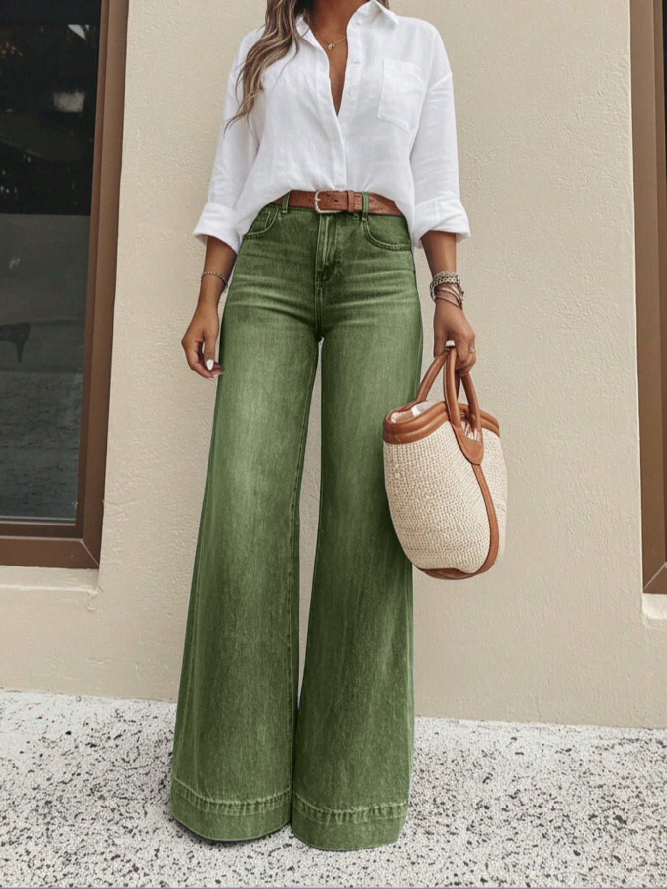 Högmidjade vida jeans med knappdetalj✨Fri frakt