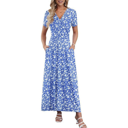 👗2026 Sommarrea 49% RABATT🌈 Dam V-ringad ankellång blommig strandklänning med fickor🎀