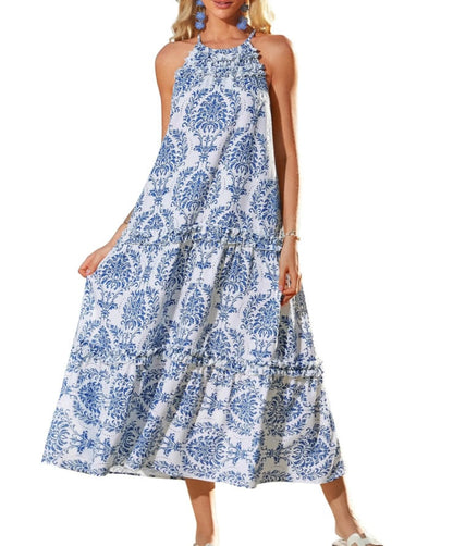 Last Day 50% OFF👗Women's Boho Casual Summer Floral Halter Tiered Beach Dress