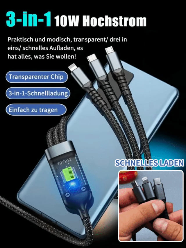 Transparent, självlysande 3-i-1-datakabel med laddningsfunktion