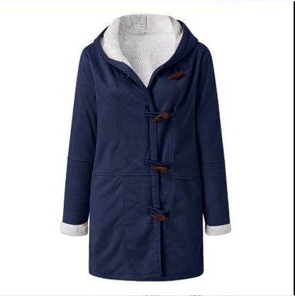Women Hooded Velvet Horn Button Coat