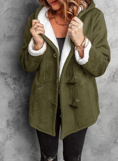 Women Hooded Velvet Horn Button Coat