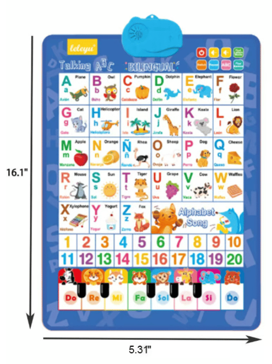 🚀2025 New Talking Wall Chart for Kids – English & Spanish Learning Poster with Songs, ABCs, Numbers, Animal words & Piano