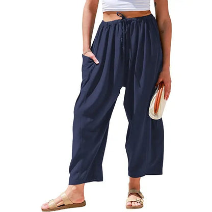 Womens Linen Wide Leg Pants Casual Loose Fit Beach Palazzo Harem Pants with Pockets Spring Summer Style