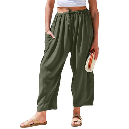 Womens Linen Wide Leg Pants Casual Loose Fit Beach Palazzo Harem Pants with Pockets Spring Summer Style