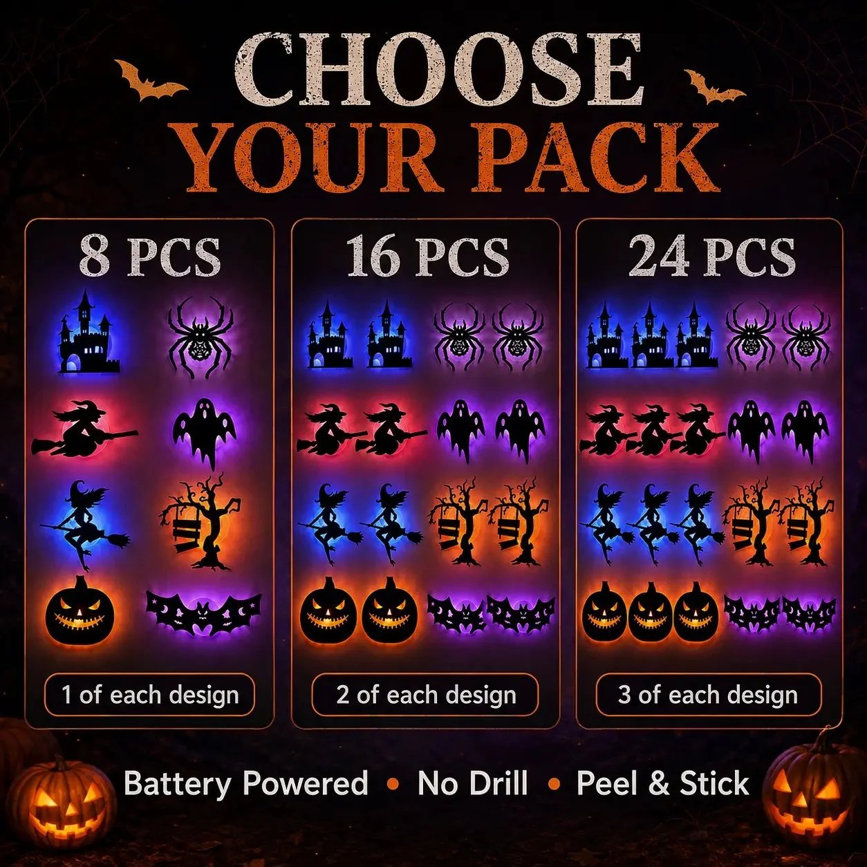 🔥SISTA DAGEN 49% RABATT | Hyresvänliga självhäftande Halloween LED-fönsterlampor, ingen borrning, inga rester, 8 kusliga silhuettdesigner