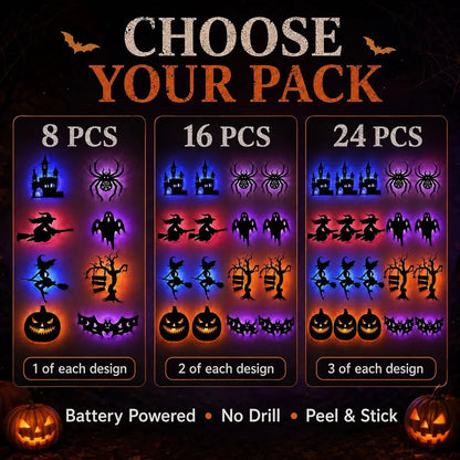🔥SISTA DAGEN 49% RABATT | Hyresvänliga självhäftande Halloween LED-fönsterlampor, ingen borrning, inga rester, 8 kusliga silhuettdesigner