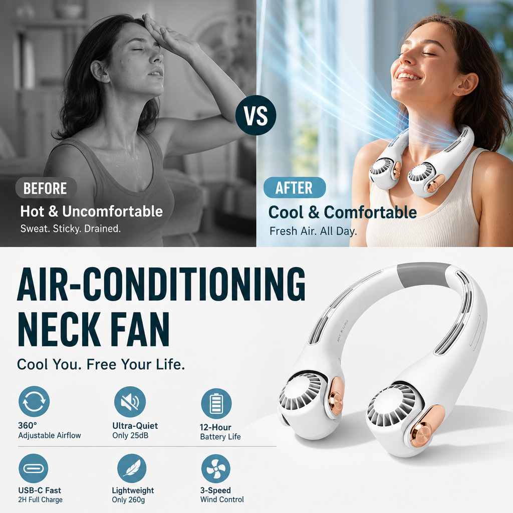 ❄️✨3% rabattkod: NOR3💐Neck luftkonditioneringsfläkt – Ultratyst, 360° roterande, 3 hastigheter. Handsfree-kylning, långt batteri. Sommarnödvändigt!