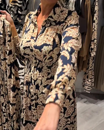 🔥🎁Nyhet 50 % RABATT🔥💖Vintageblommig skjortklänning med midjeknäppning