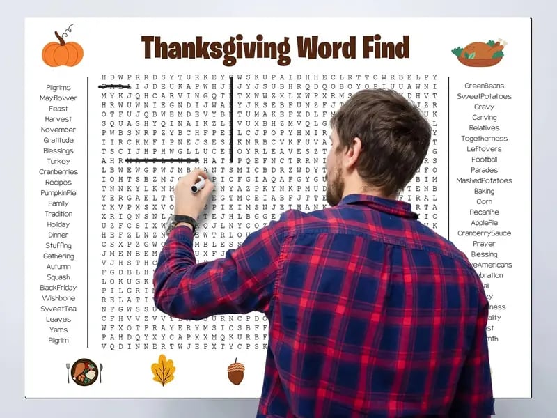 ⏰ Jättestor ordsöksaffisch för Thanksgiving och jul – Jättestor vägglek 90x60 cm! 🎉