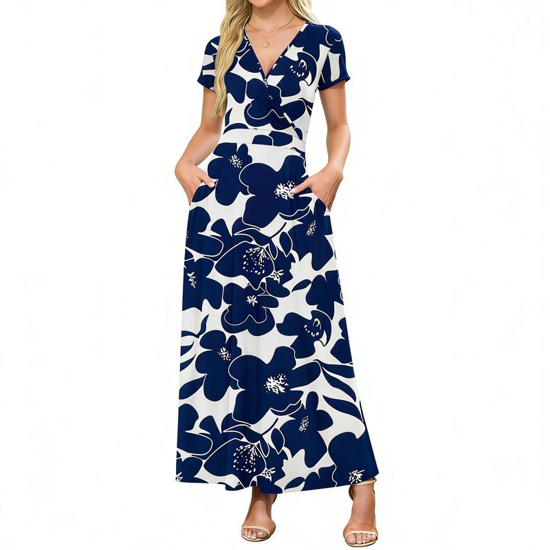 👗2026 Sommarrea 49% RABATT🌈 Dam V-ringad ankellång blommig strandklänning med fickor🎀