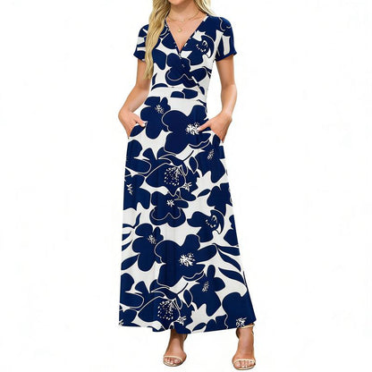 👗2026 Sommarrea 49% RABATT🌈 Dam V-ringad ankellång blommig strandklänning med fickor🎀