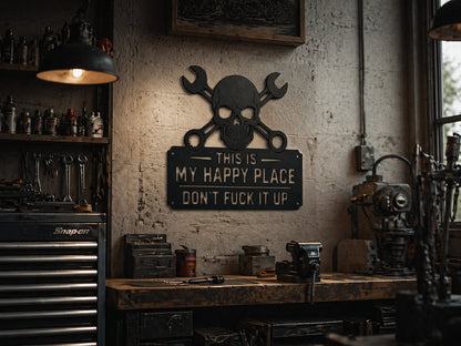 💀🛠️ Väggkonstskylt i metall med texten "This Is My Happy Place"🔥