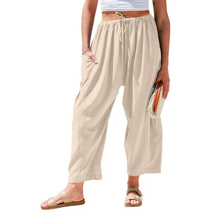 Womens Linen Wide Leg Pants Casual Loose Fit Beach Palazzo Harem Pants with Pockets Spring Summer Style