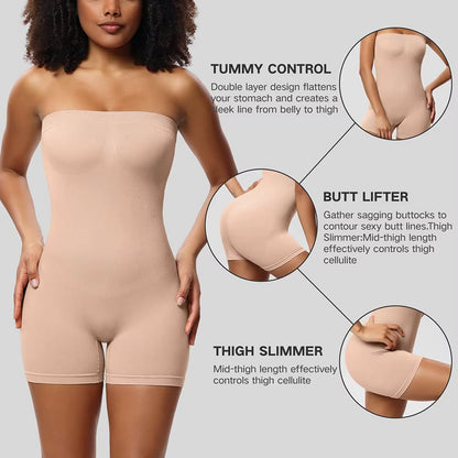 Strapless Tummy Control Bodysuit with Breast Support and Buttocks Lifting