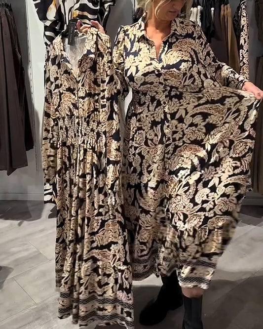 🔥🎁Nyhet 50 % RABATT🔥💖Vintageblommig skjortklänning med midjeknäppning