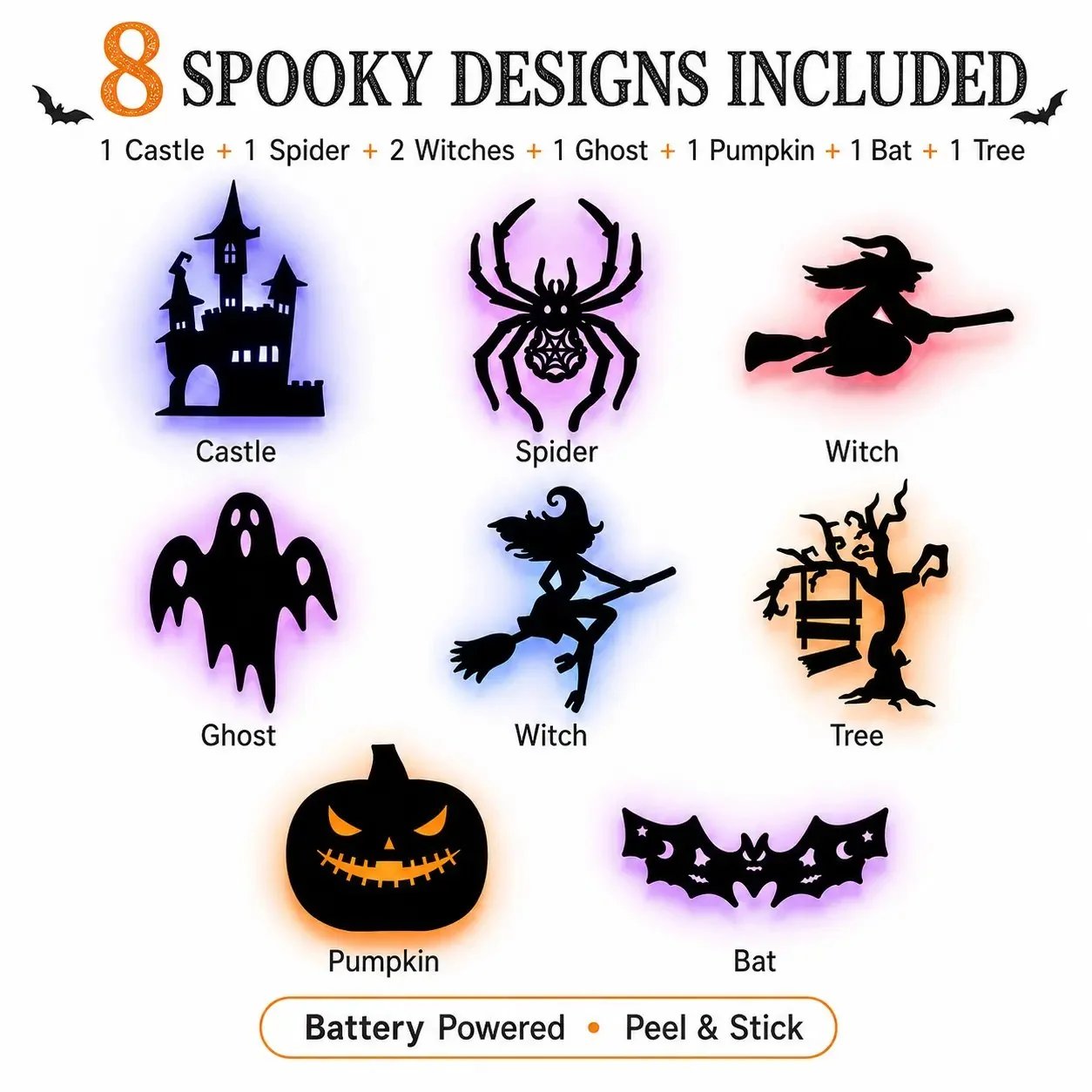 🔥SISTA DAGEN 49% RABATT | Hyresvänliga självhäftande Halloween LED-fönsterlampor, ingen borrning, inga rester, 8 kusliga silhuettdesigner