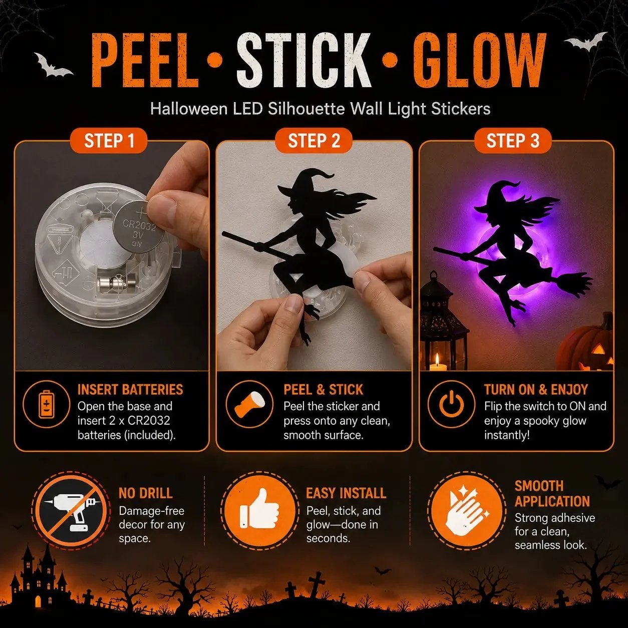 🔥SISTA DAGEN 49% RABATT | Hyresvänliga självhäftande Halloween LED-fönsterlampor, ingen borrning, inga rester, 8 kusliga silhuettdesigner