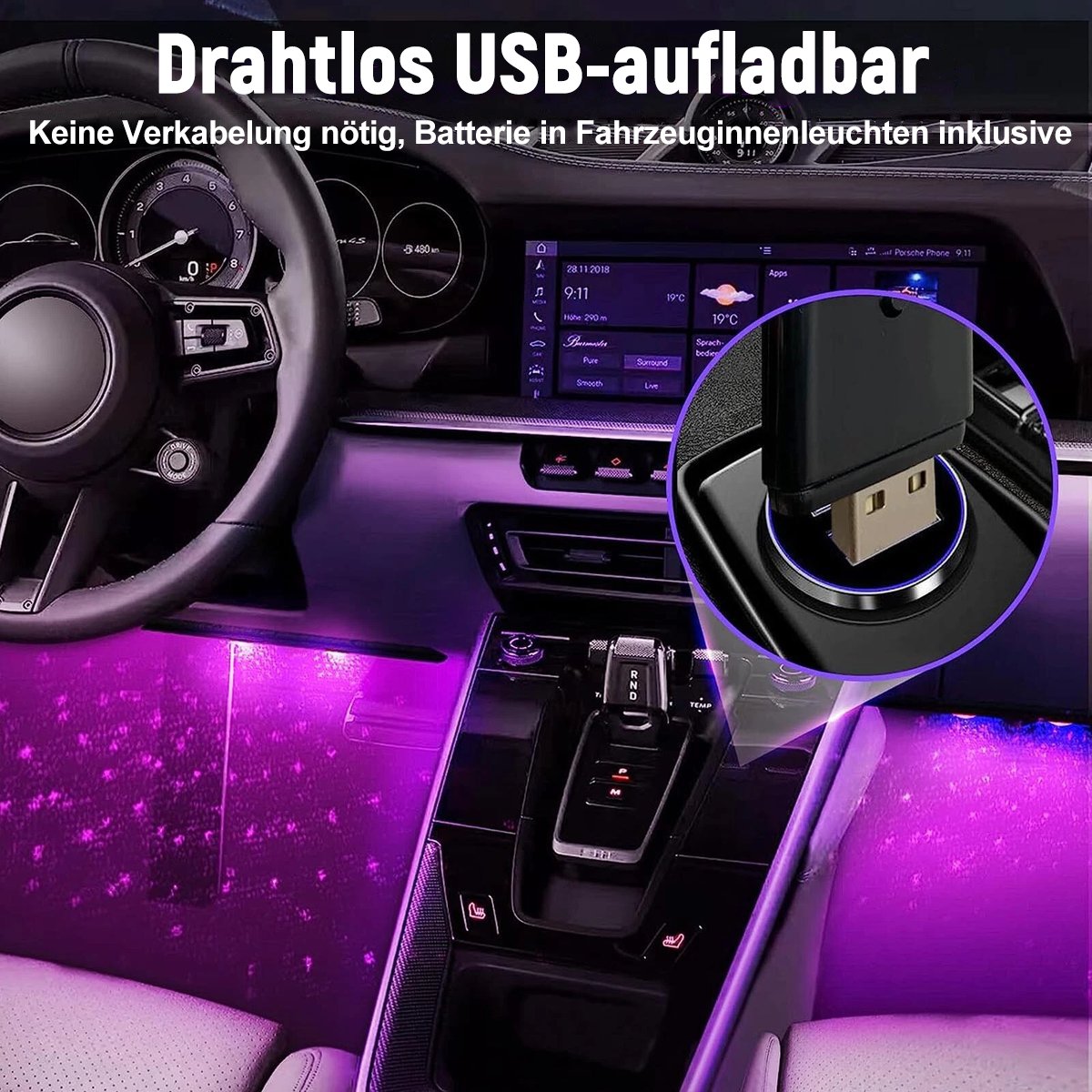 🚗 Trådlös RGB-stämningsbelysning för bilar | Musiksynkronisering | USB-strömförsörjning | Fjärrkontroll