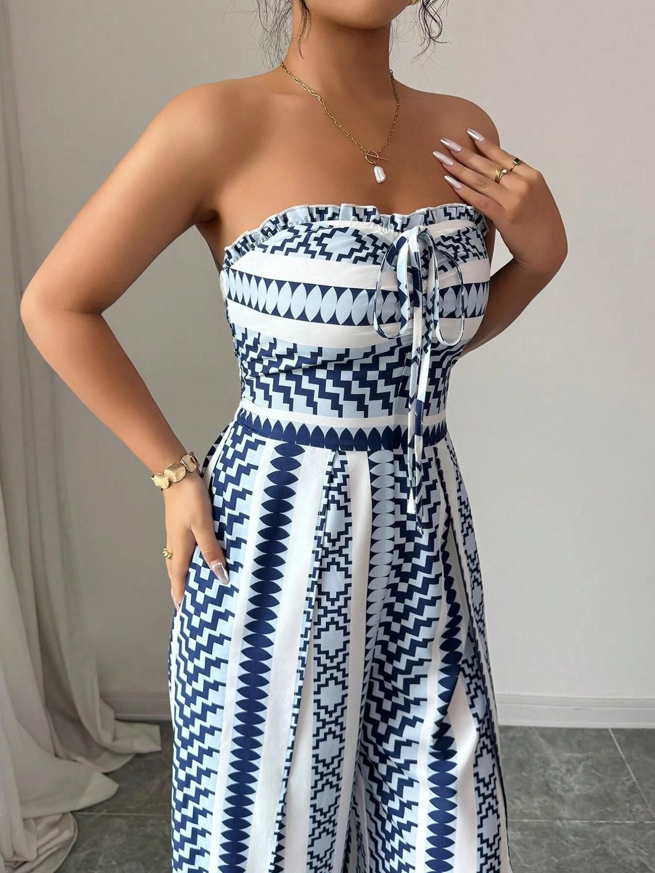 👗 50% RABATT NU! 💥 Geometrisk jumpsuit med halterneck och sidosprund – Unikt tryck och resår baktill – Mångsidig, perfekt för sommarfester eller resortkläder ✨