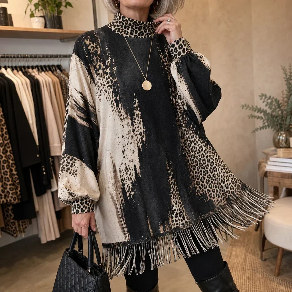 Leopard Swing – Leopardmönstrad stickad klänning med fransad fåll✨3% rabattkod: NOR3