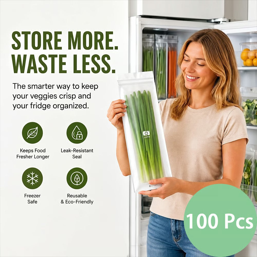 🥬 50/100 st återanvändbara långa matförvaringspåsar, färskhetspåsar med dubbel dragkedja för kök