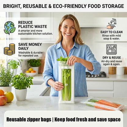 🥬 50/100 st återanvändbara långa matförvaringspåsar, färskhetspåsar med dubbel dragkedja för kök