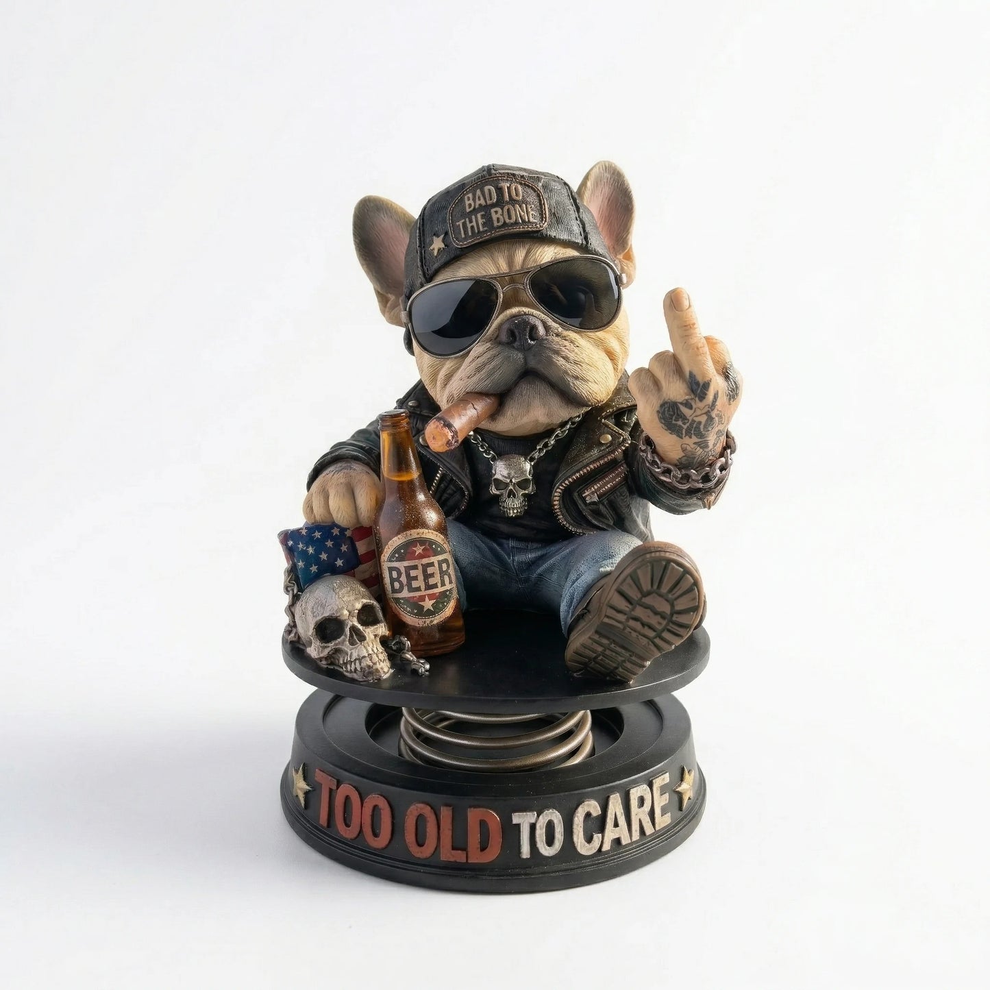 "Gammal och obekymrad" Hardcore Fransk Bulldogg Instrumentpanel Bobblehead 😎 - Rebellisk Fransk Bulldogg Bilprydnad